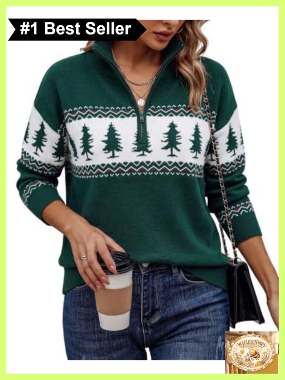 Women's Quarter Zip Christmas Sweater Knitted Pullover Holiday